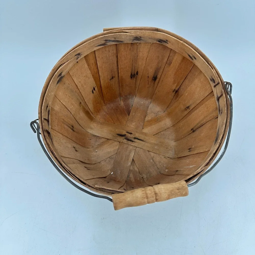 Vintage Wooden Slat Bushel Basket with Wire Handle Rustic Farmhouse Decor